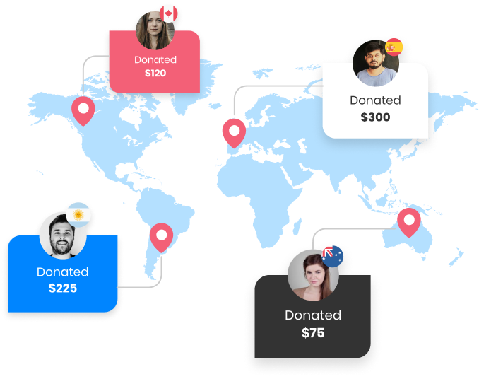 a graphic of the world map with different faces on it showing how much they donate and a flag of their country