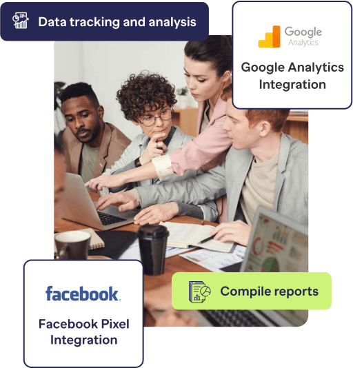 Google Analytics and Facebook Pixel integration, track data and analytics and compile reports