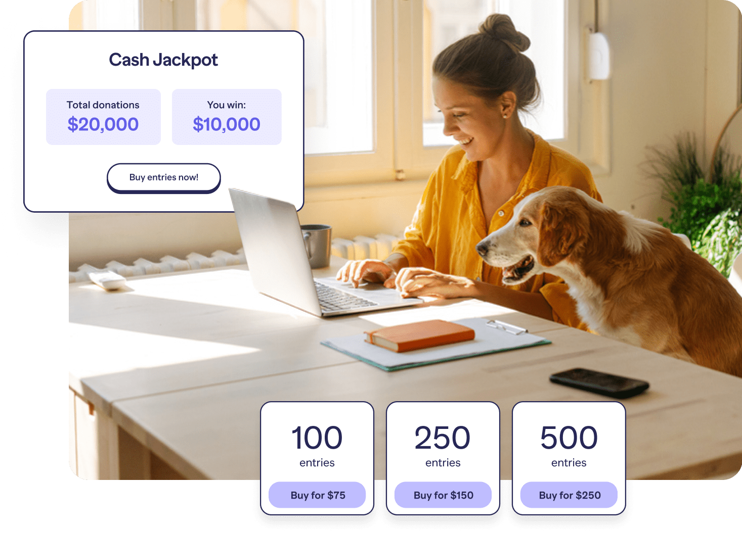 Cash Jackpot woman with dog and laptop