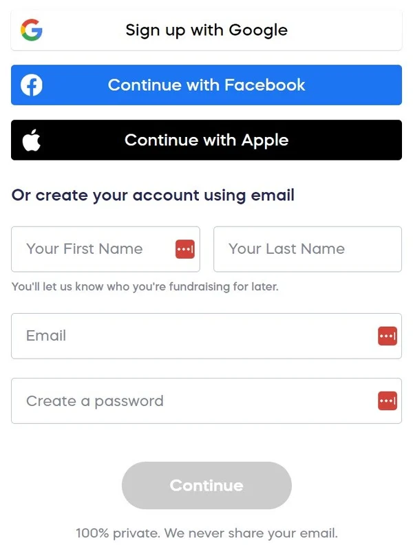 create account enter personal info