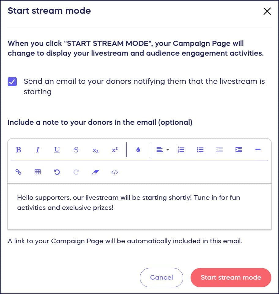 email donors that livestream starting soon