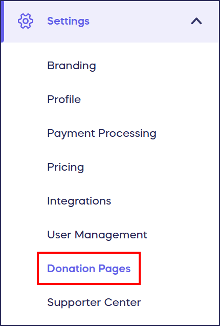 new donation pages menu option location