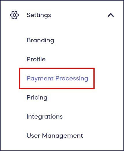 payment processing tab in menu
