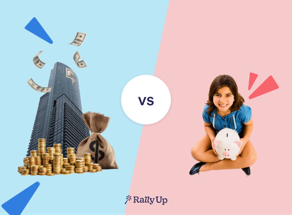 A corporate drowning in money vs a little girl with a piggy bank