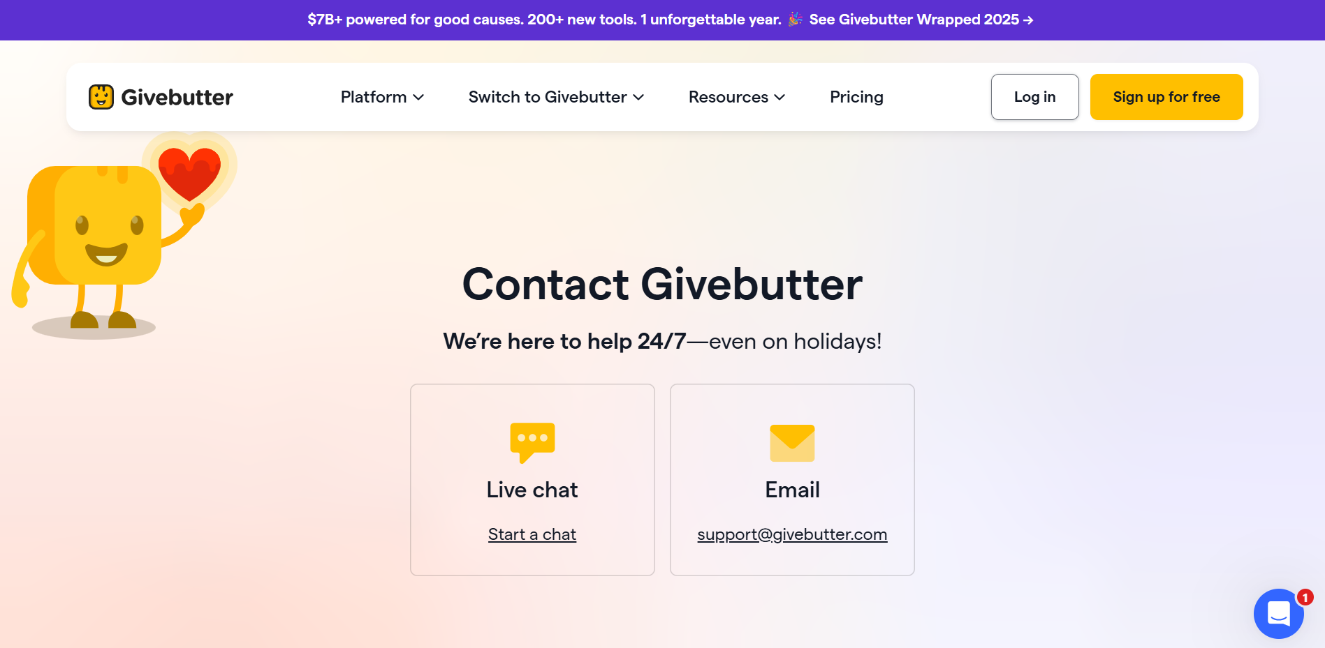 Givebutter offers live chat