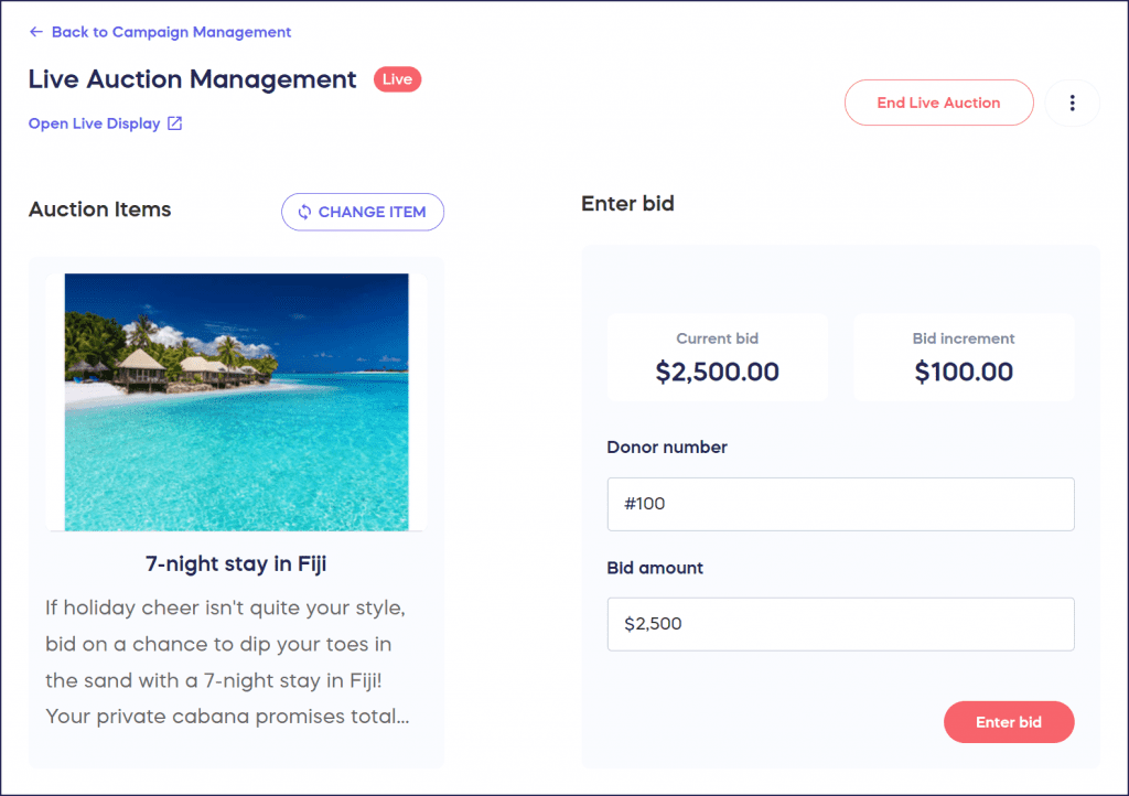live auction management page