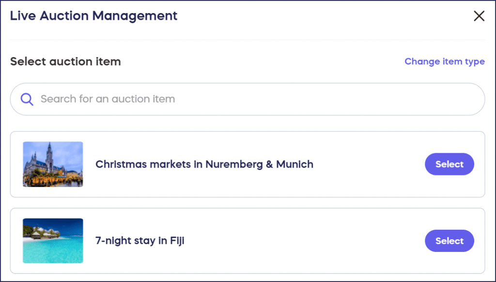 select live auction item