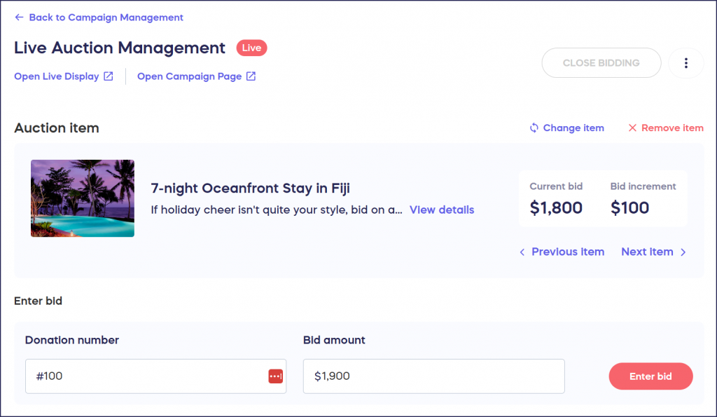 live auction management page