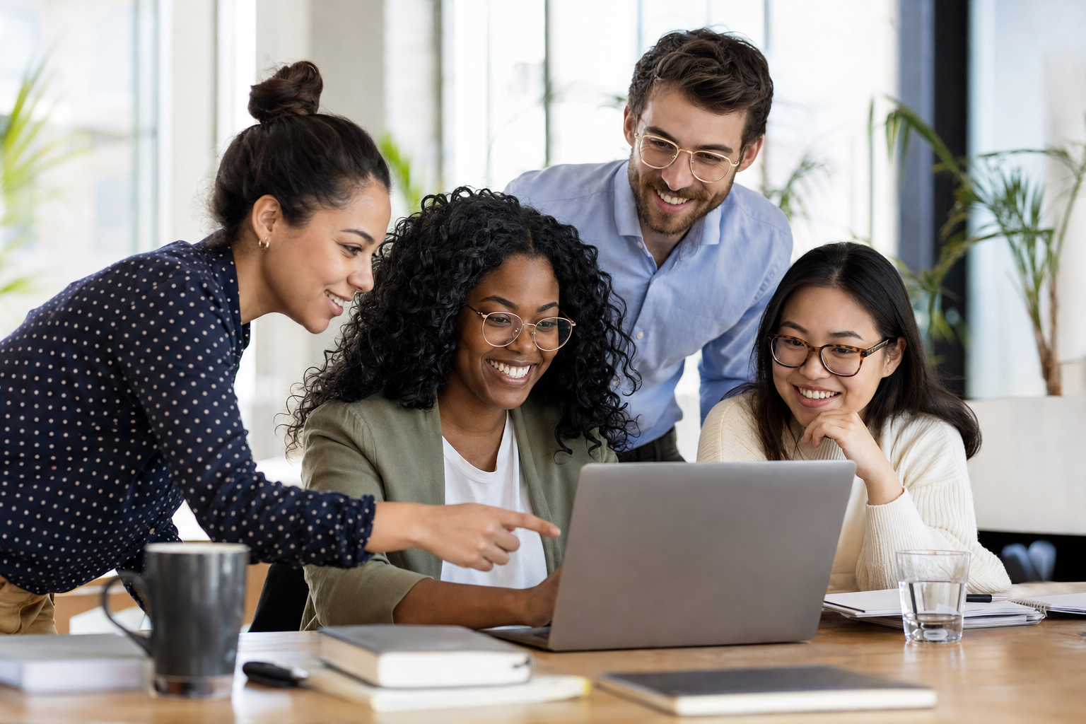 Small nonprofit team smiling around a laptop, planning a fundraising campaign