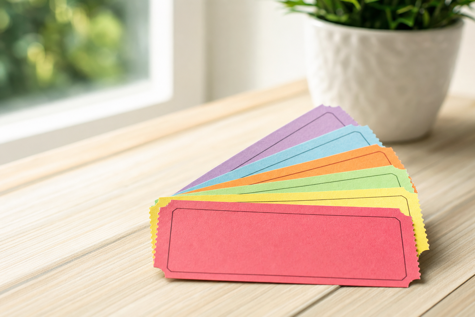 Stack of colorful raffle tickets fanned out on a sunlit wooden table