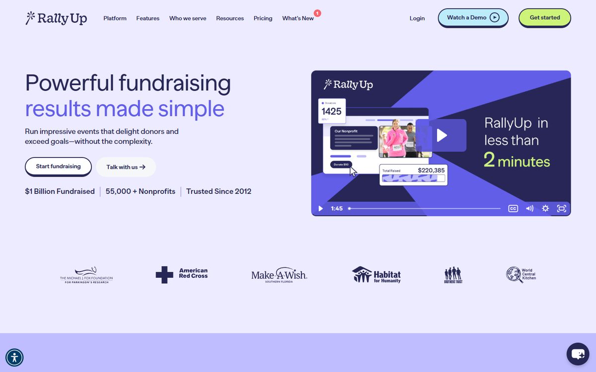RallyUp fundraising and CRM homepage