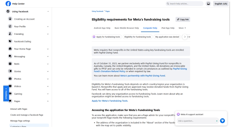 Access to Facebook fundraising tools
