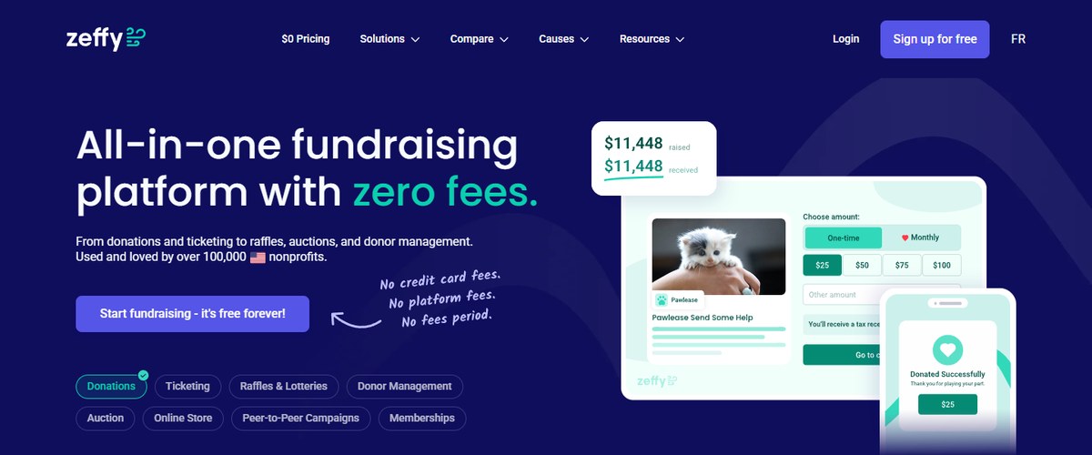 Zeffy homepage advertising an all-in-one fundraising platform with zero fees