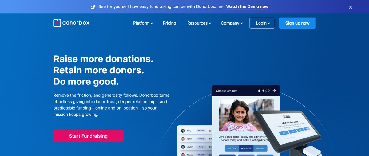 Donorbox homepage promoting embedded donation forms and recurring giving