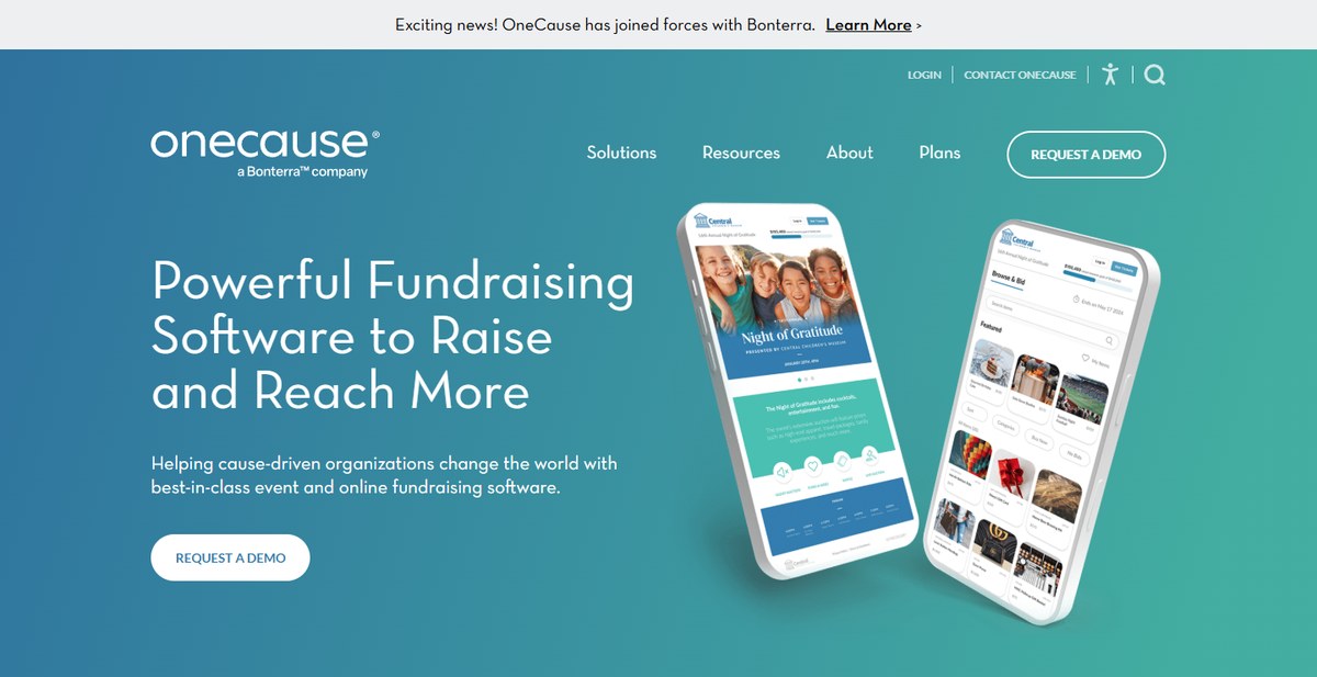 OneCause homepage promoting event and auction fundraising software for nonprofits