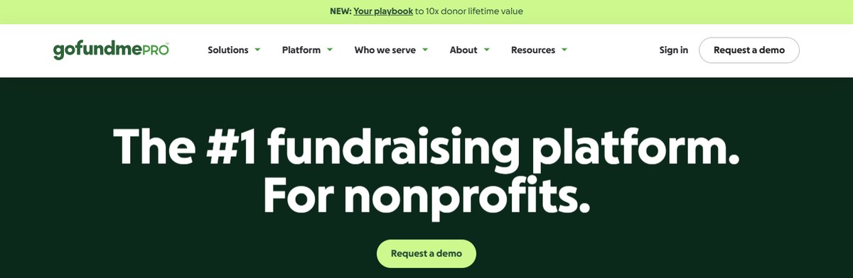 GoFundMe Pro homepage promoting its nonprofit fundraising platform
