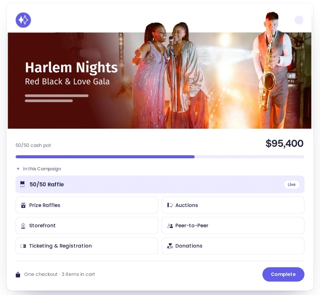 A RallyUp Campaign page for the Harlem Nights Red Black & Love Gala showing a $12,400 50/50 cash pot alongside Prize Raffles, Auctions, Storefront, Peer-to-Peer, Ticketing & Registration and Donations in one checkout