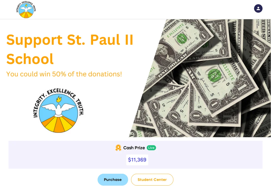 Demo 50/50 Raffle Campaign page for a school, showing a live cash prize of $11,369
