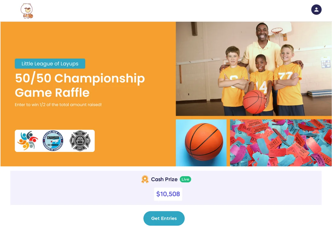 Demo 50/50 Championship Game Raffle Campaign page for a youth sports league, showing a live cash prize of $10,508