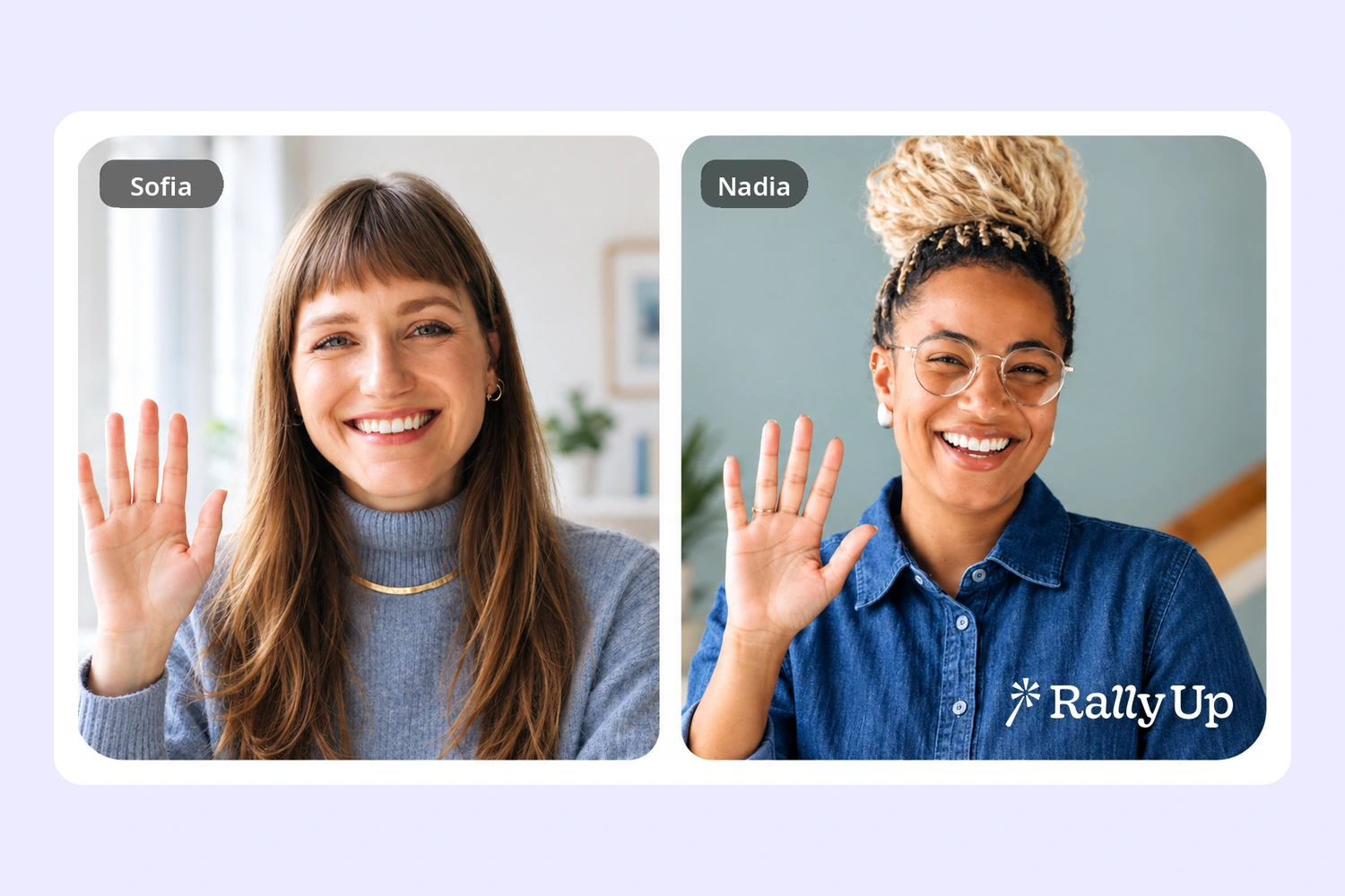 A video call between a nonprofit organizer and a RallyUp fundraising expert, both waving