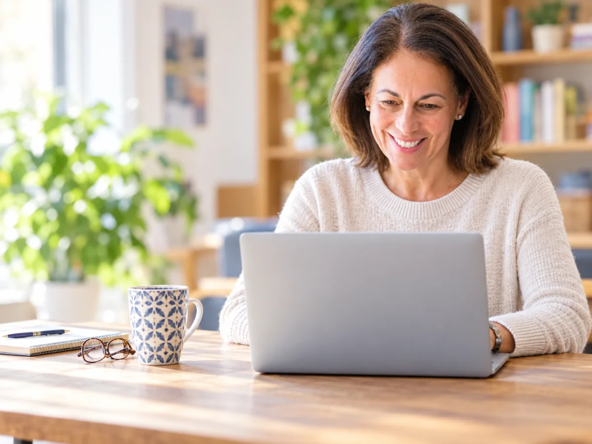 A nonprofit fundraiser organizer smiling at her laptop while setting up a 50/50 Raffle