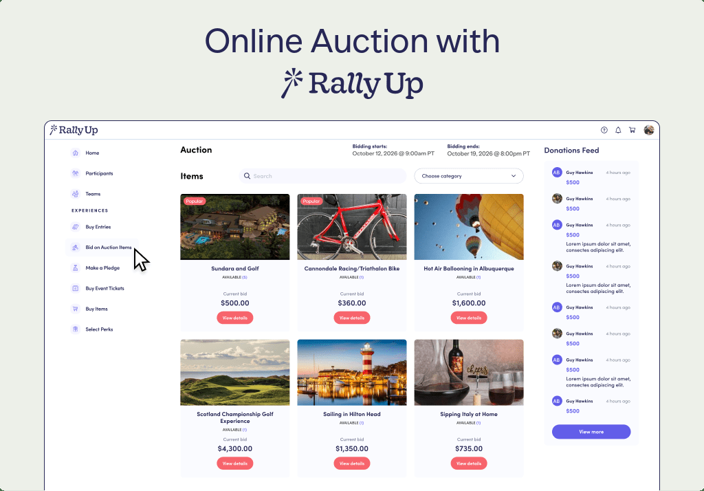 A RallyUp Online Auction page showing auction items with current bids, bidding dates, and a live donations feed