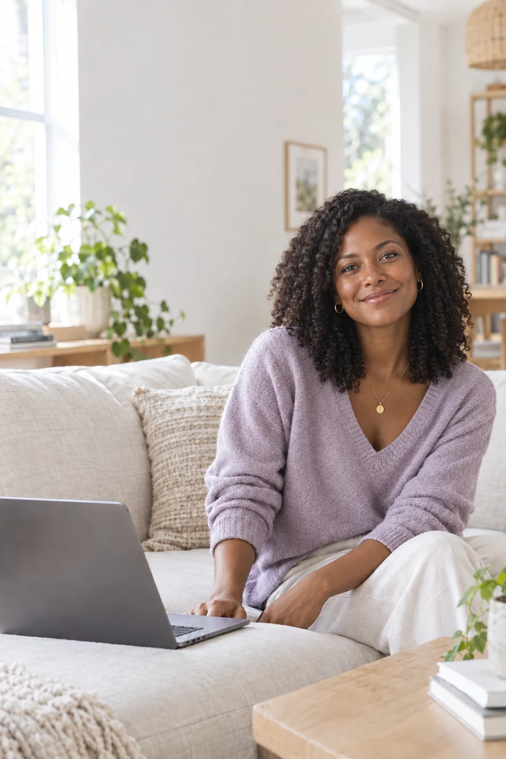 A fundraiser smiling on her living room sofa next to her laptop