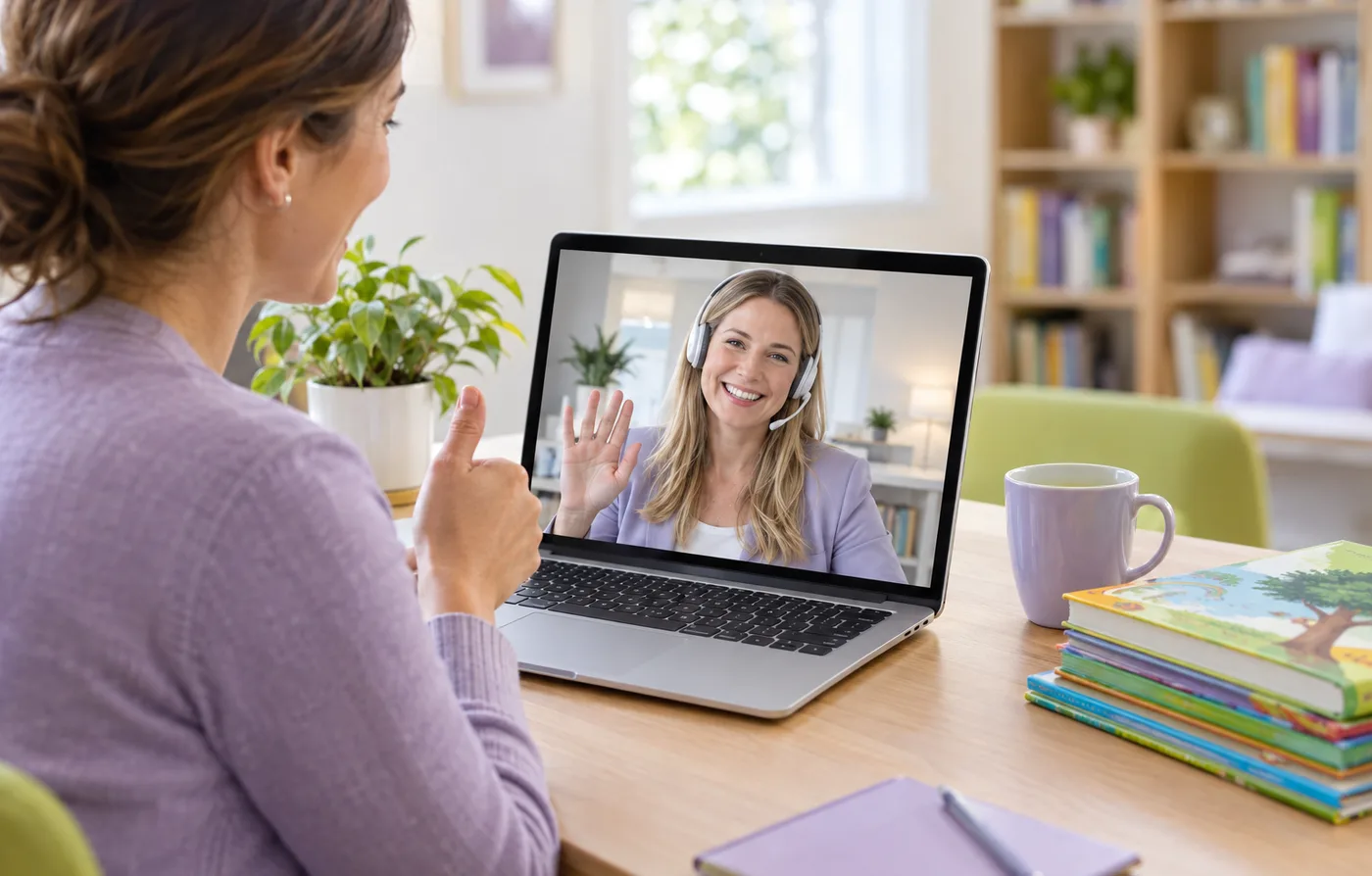A teacher gives a thumbs-up on a live video call with a smiling RallyUp fundraising expert wearing a headset