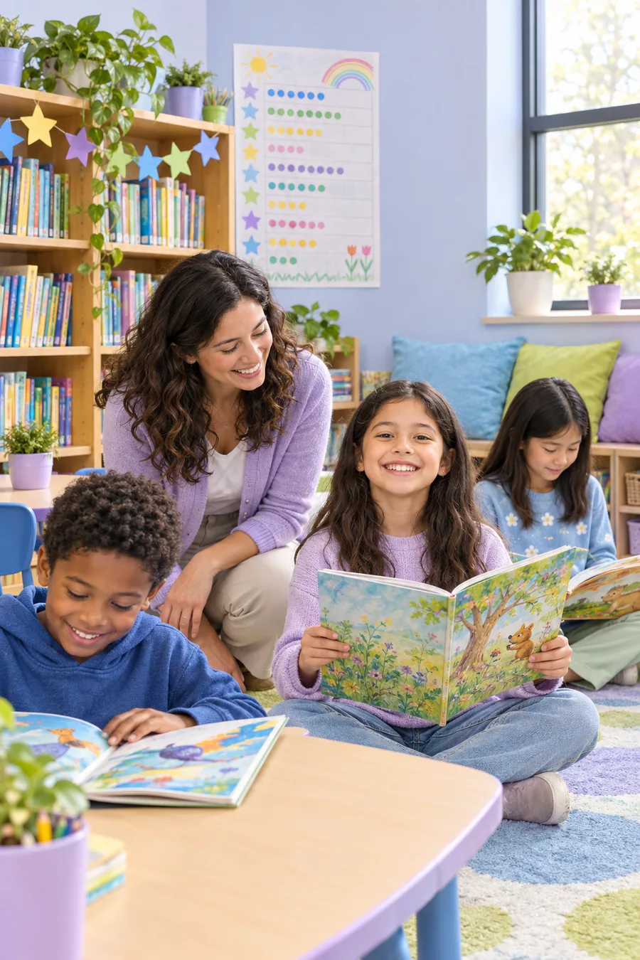 Smiling students reading picture books with their teacher in a bright classroom during a Read-a-Thon