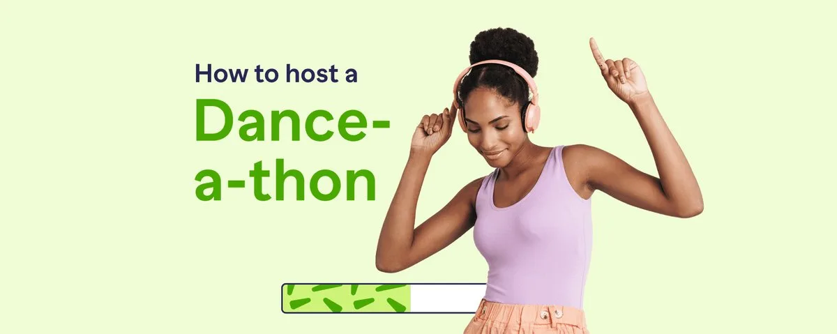 RallyUp article banner reading How to host a Dance-a-thon, with a dancer in headphones