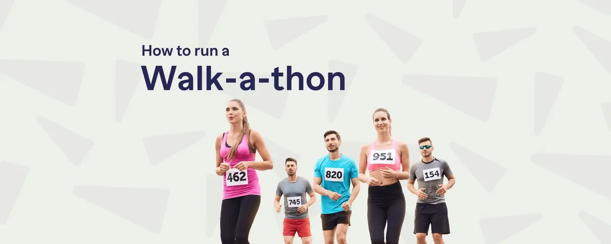 RallyUp article banner reading How to run a Walk-a-thon, with five walkers wearing race bibs