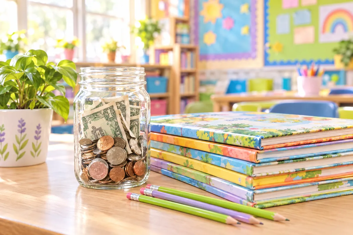 A glass jar of coins and dollar bills beside a stack of colorful picture books and pencils on a sunny classroom desk