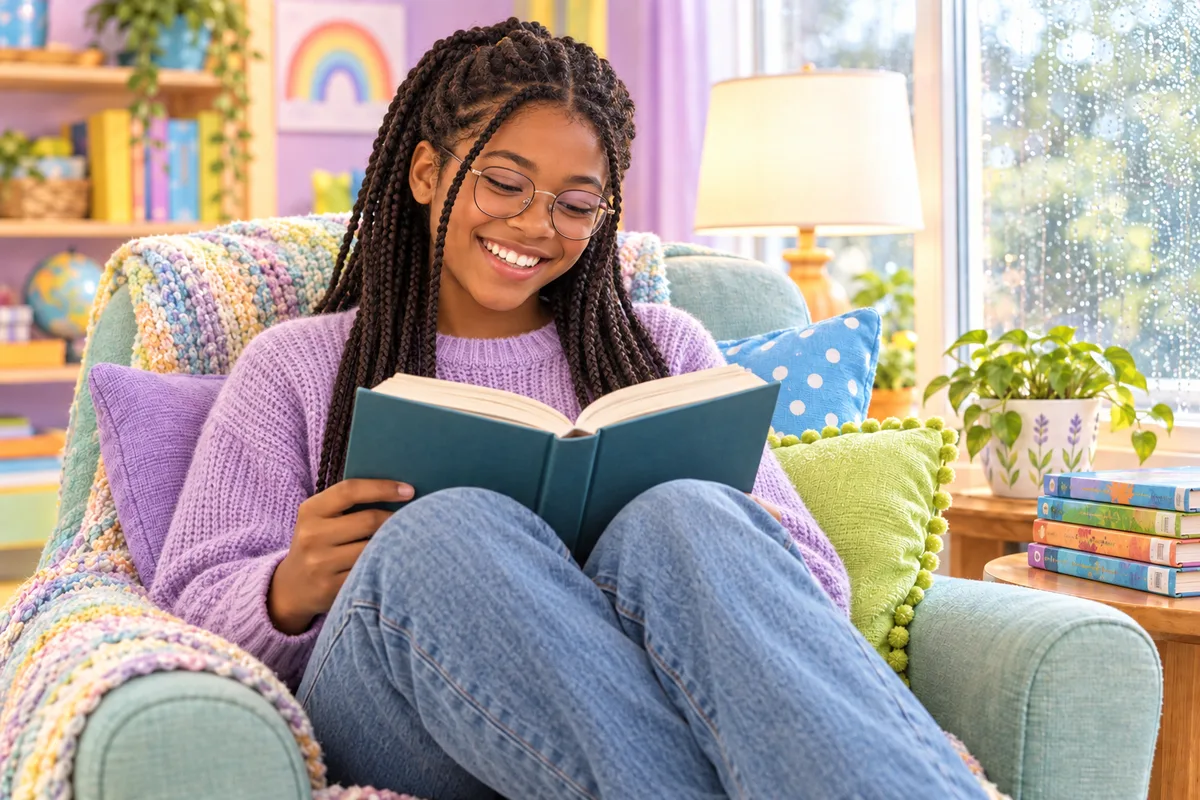 A smiling teenage girl with braids and glasses reading a chapter book in an armchair by a rainy window at home