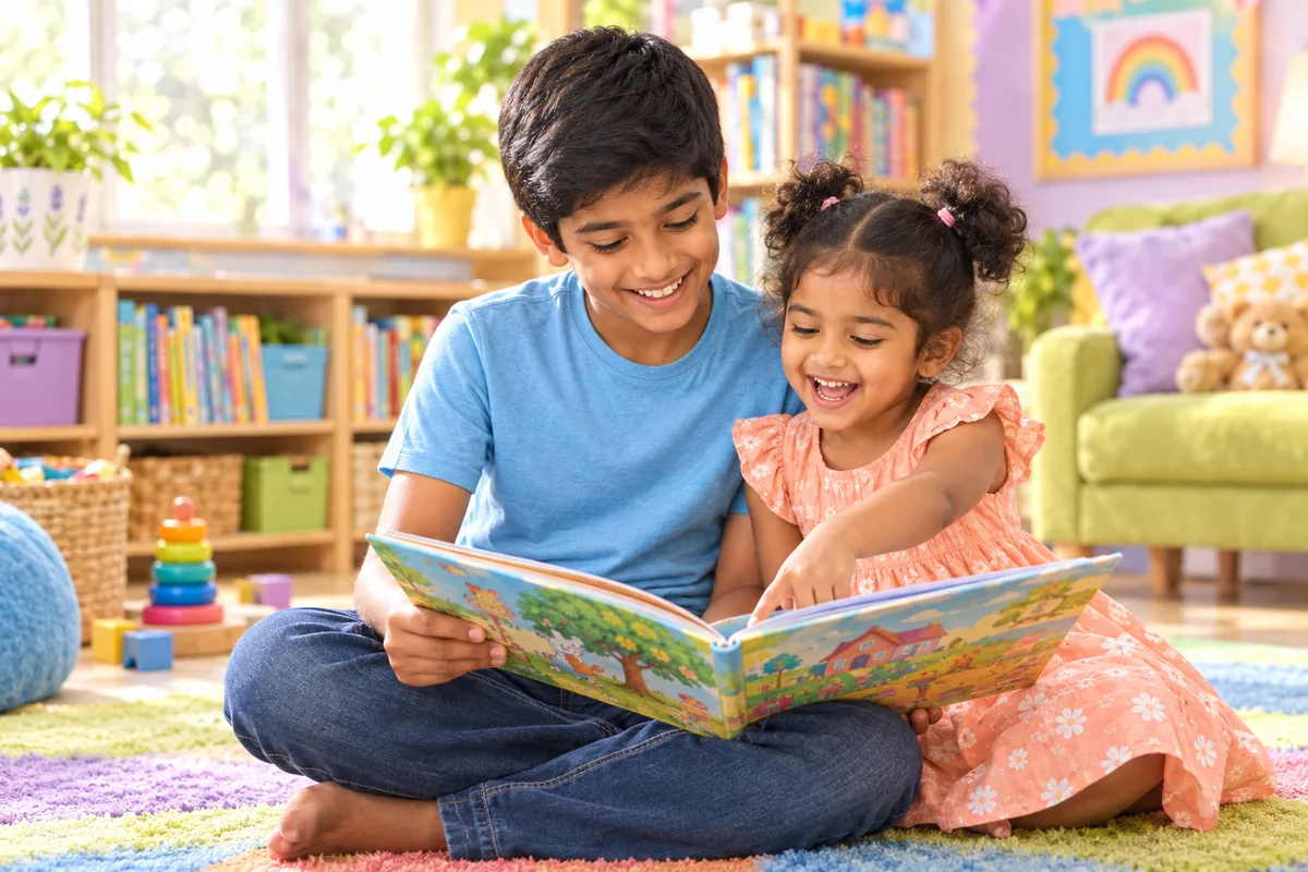 An older brother reading a colorful picture book aloud to his laughing little sister on a bright living-room rug