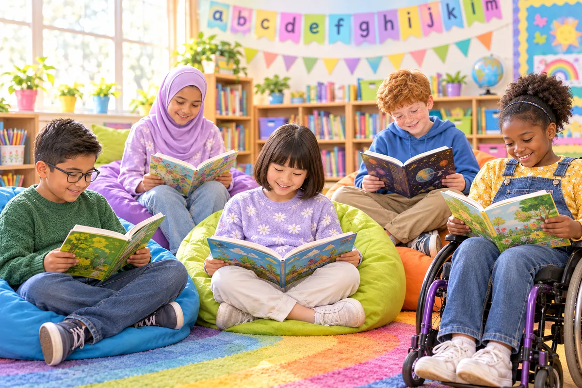 Five children of different backgrounds, one in a wheelchair, reading books on bean bags in a colorful classroom reading corner