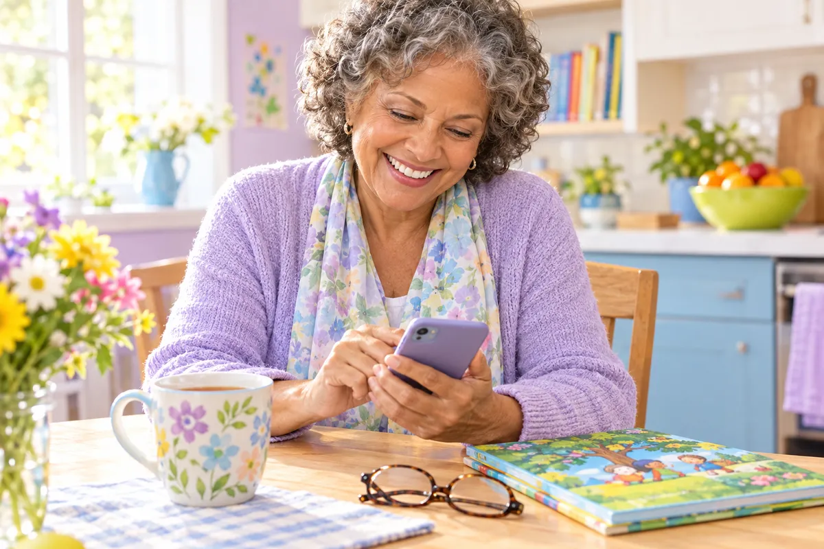 A smiling grandmother looks at her phone at a sunny kitchen table beside tea, reading glasses and a picture book