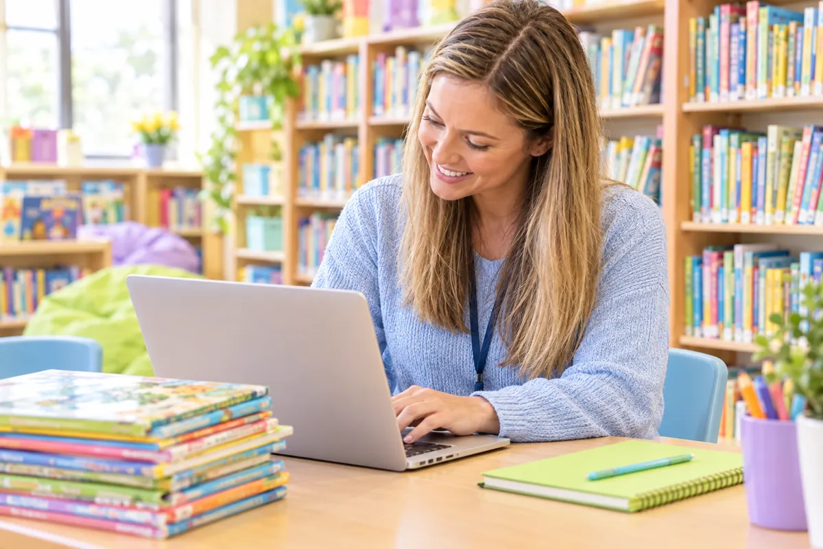 A smiling teacher works alone on a laptop at a colorful school library table beside a stack of picture books